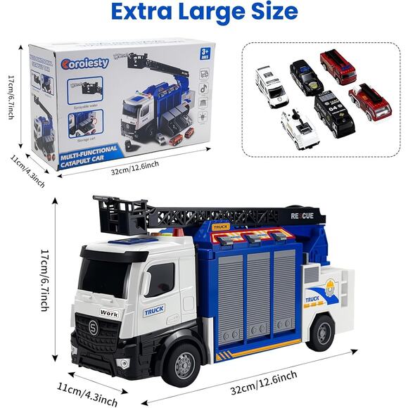 3-In-1 Large Fire Truck Toy with Garage & 6 Cars, Water Pump, Extendable Ladder, - Picture 3 of 7